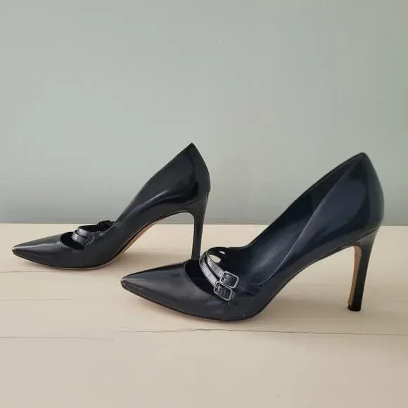Via Spiga Black Patent Leather Stiletto Heels Double Buckle Pumps 9.5 - Picture 1 of 14